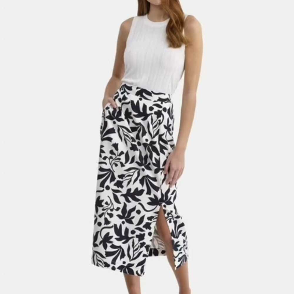 Floral Navy and White Midi Skirt